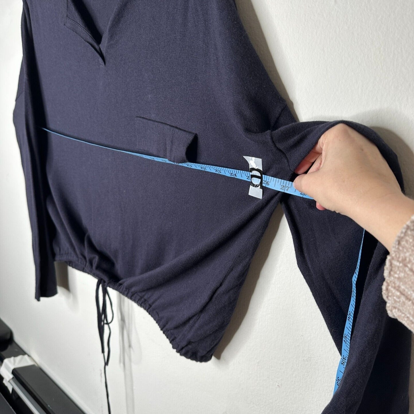 French Connection Drawstring Hem Silk Blend Long Sleeve VNeck Navy Sweater L