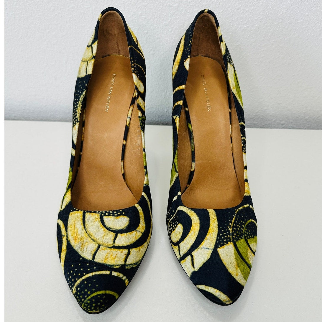 Dries Van Noten Italy Silk Leather Black Green Tan Platform 5" Heel Shoe 37.5 / 7.5