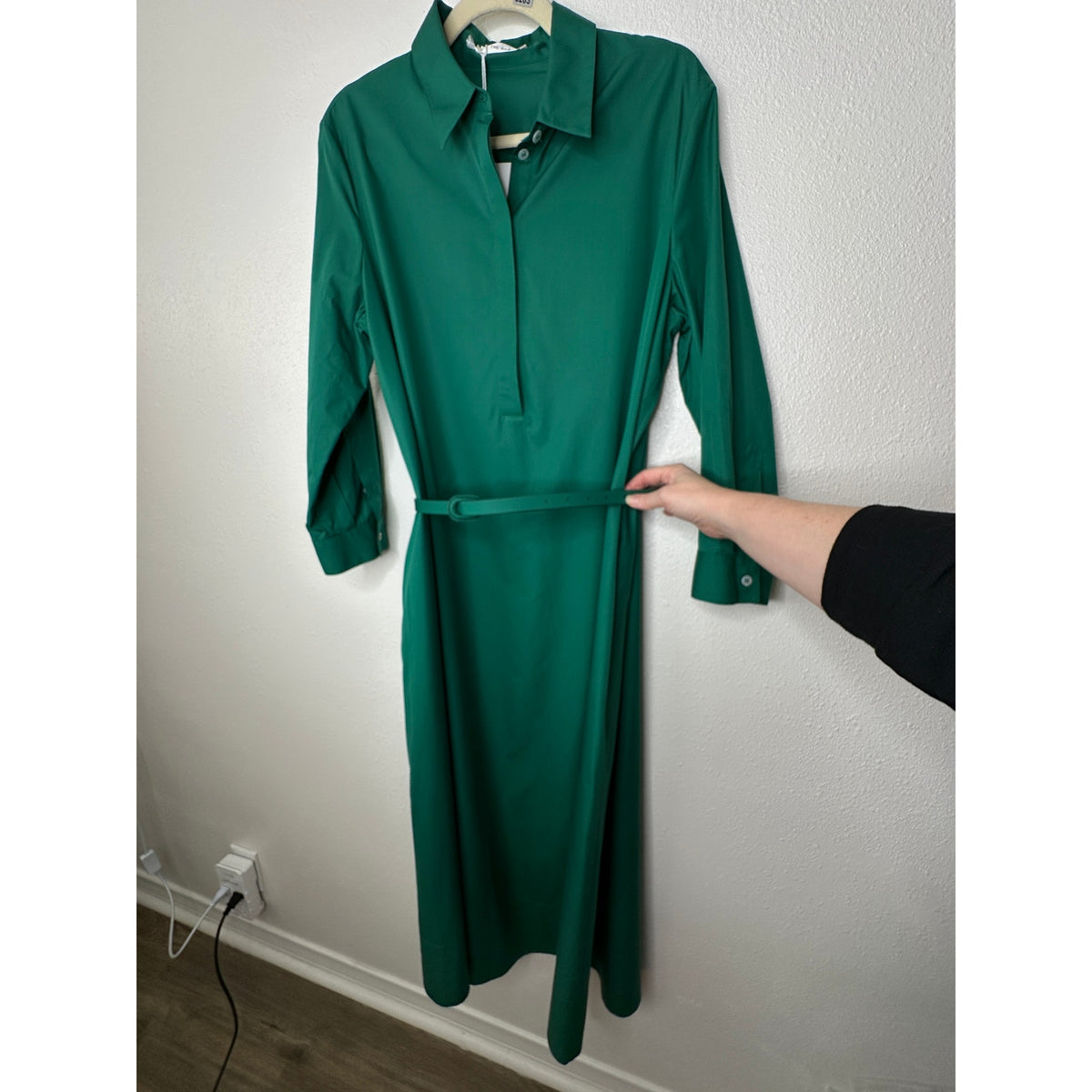 NWT The Row Green Tanita Long Sleeve 3/4 Button Collared Belted Shirtdress L