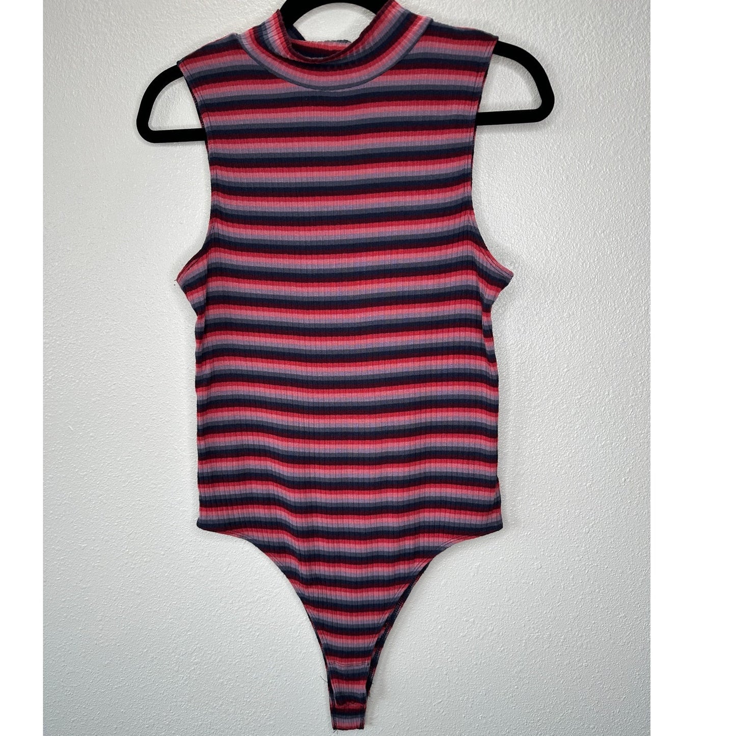 Abound Pink Burgundy Blue Gray Striped Mock Neck Sleeveless Bodysuit L