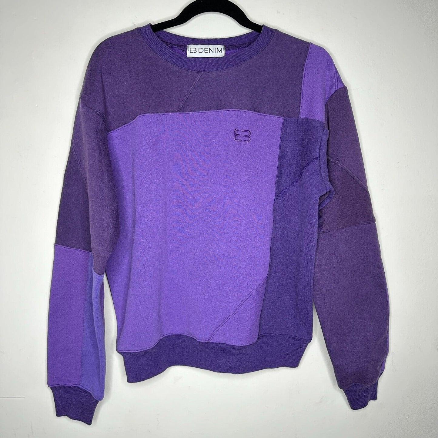EB Denim Rich Purple Color Block Long Sleeve Crew Sweater Banded Wrist & Hem 1
