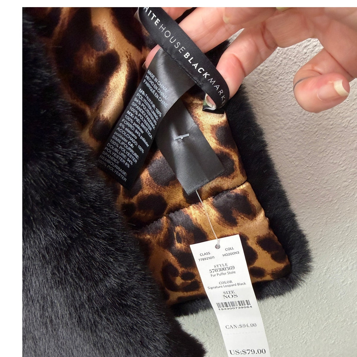 NWT White House Black Market Black Faux Fur Wrap Women