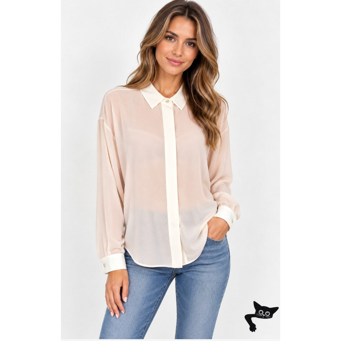 Stella McCartney Light Peach Silk Blouse Cream on Collar Button Placket Cuffs 42