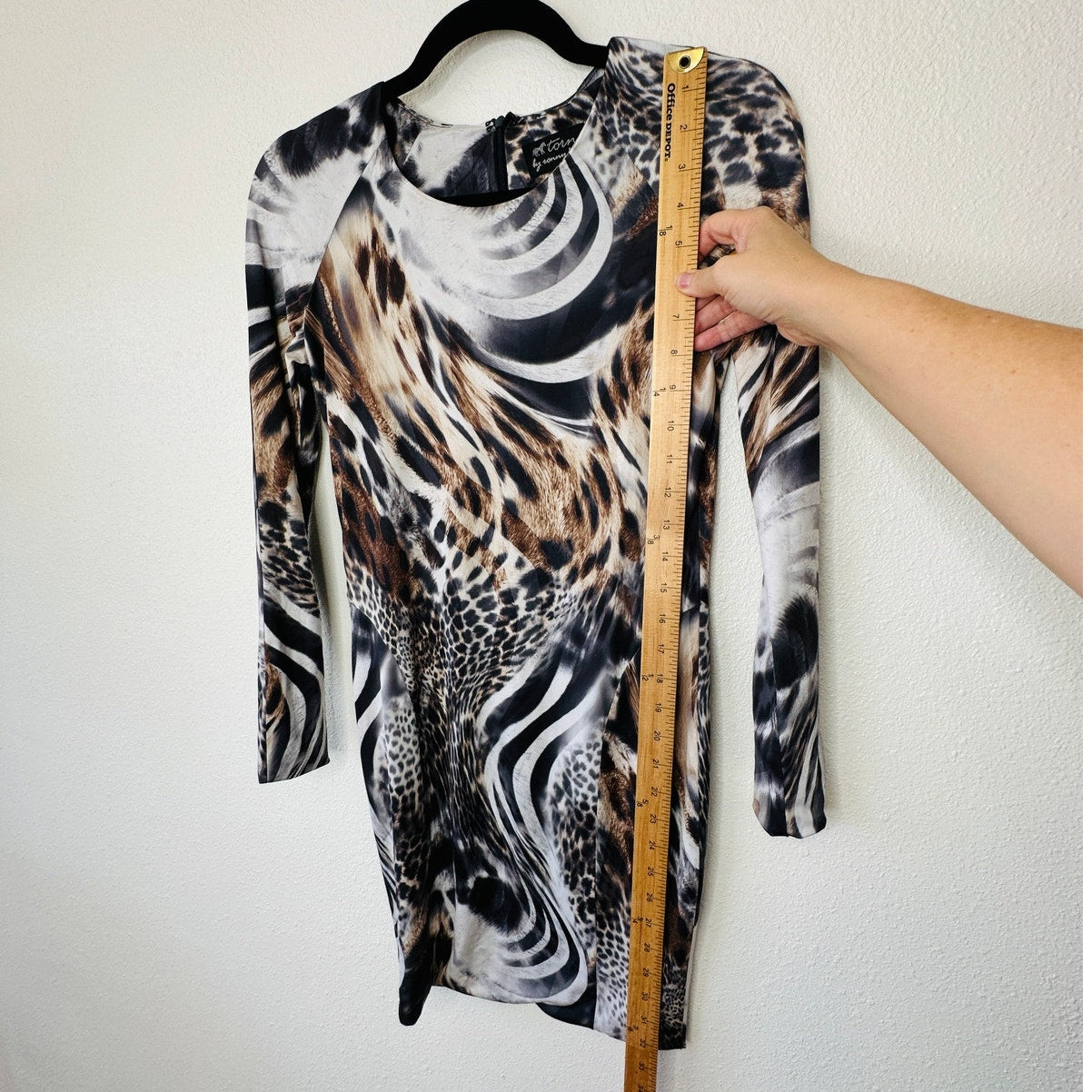 Torn by Ronny Kobo Black White Brown Animal Print Long Sleeve Bodycon Dress S