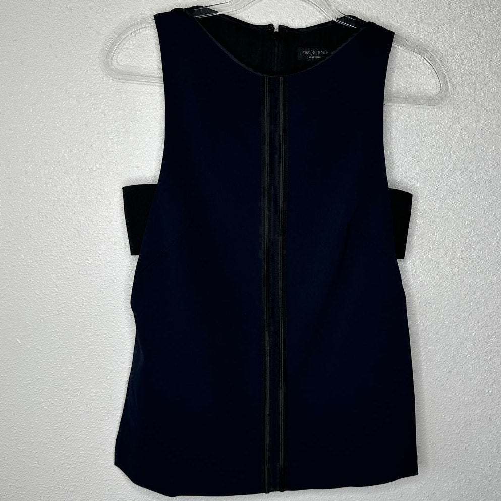 rag & bone Navy & Black High Neck Satin Back Zip Tank Blouse Sleeveless Top S