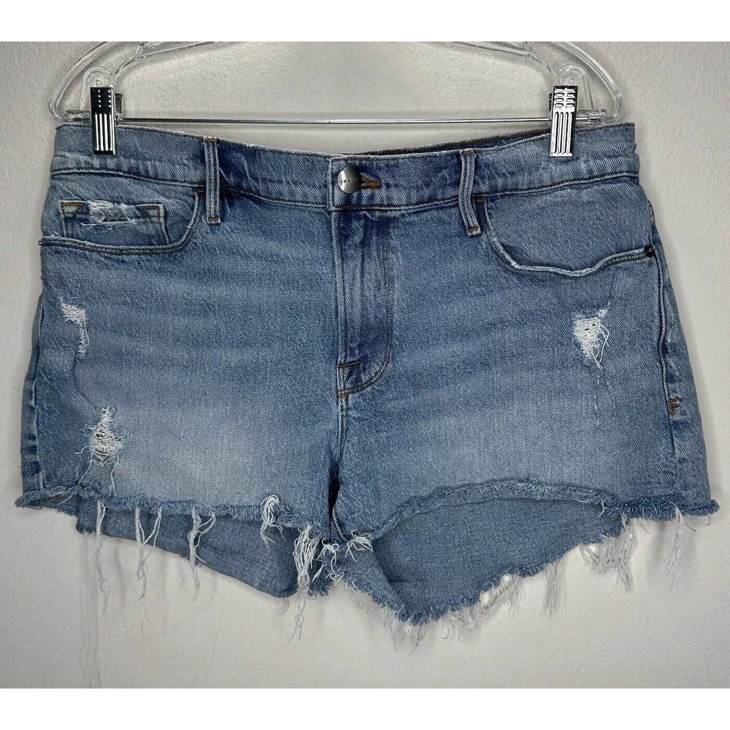 Frame Light Blue Medium Wash Kerouc Le Cutoff Raw Hem Front Zip Jean Shorts 31