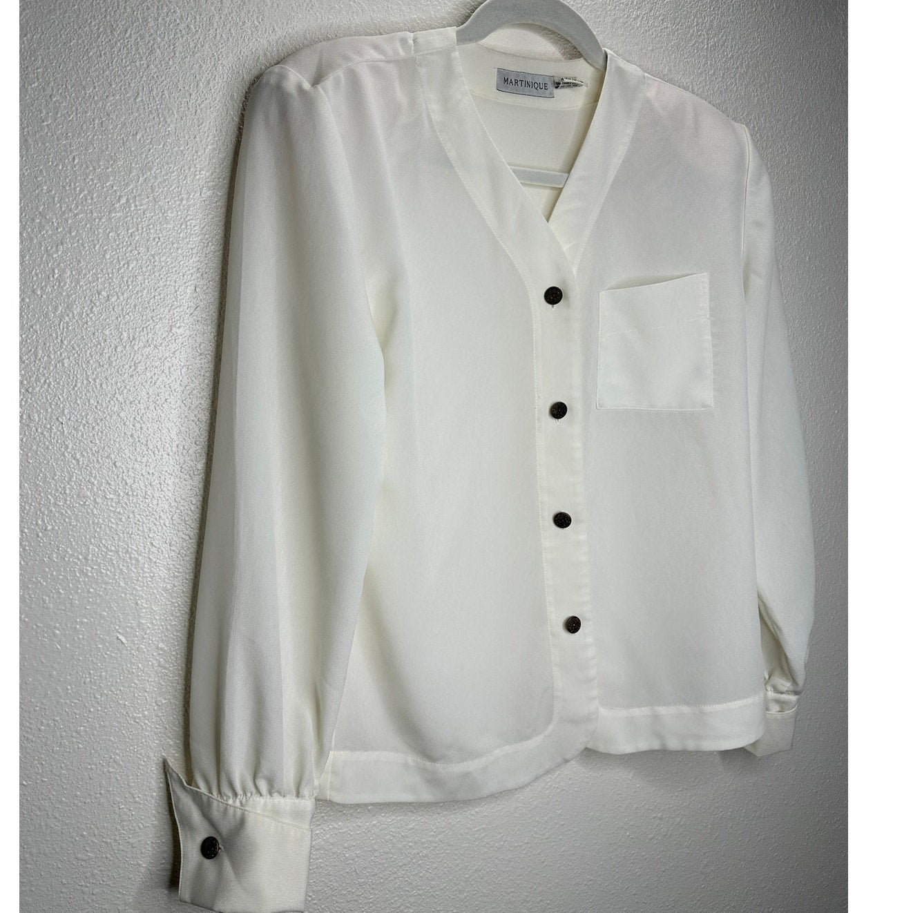 Martinique Ivory Long Sleeve V-Neck Bronze Button Up Blouse Top 6