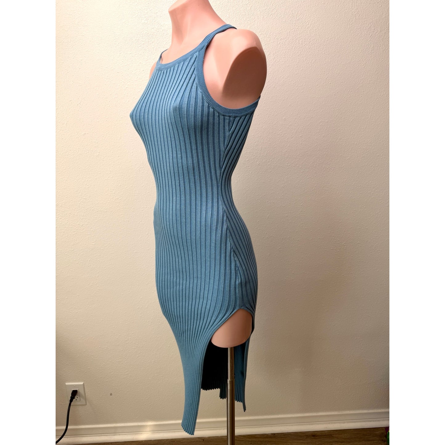Hera Blue Ribbed Halter Sweater Midi Dress Bodycon Women's S