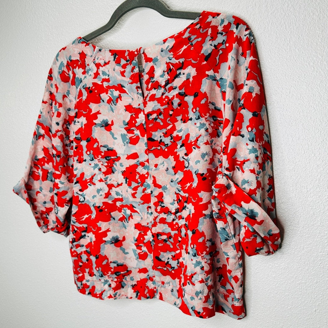 Cute Red Pink Blue Floral 3/4 Cuffed Sleeves Wide Round Neck Blouse Top L