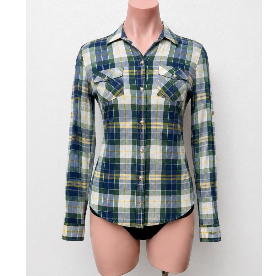 Mossimo Supply Green Blue Yellow White Plaid Button Front Long Sleeve Shirt SM