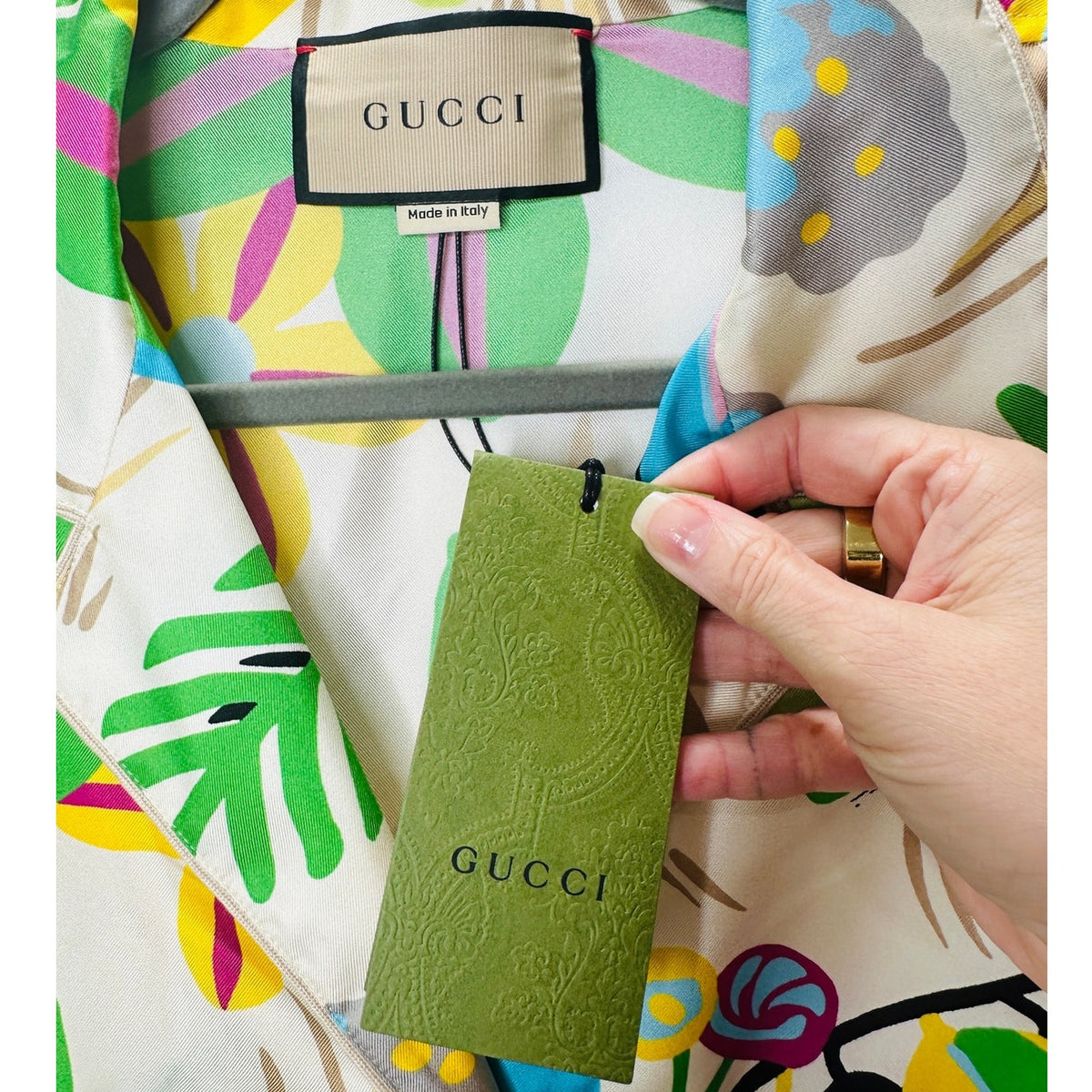 NWT Gucci Silk Tan Pink Blue Multi Floral Leaf Printed Blouse 46 / XL
