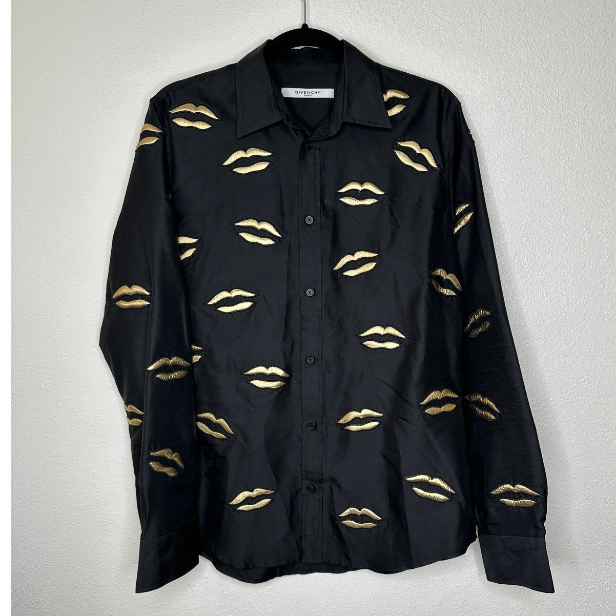 Givenchy Black with Gold Embroidery Lips Button Front Long Sleeve Shirt 38 / M