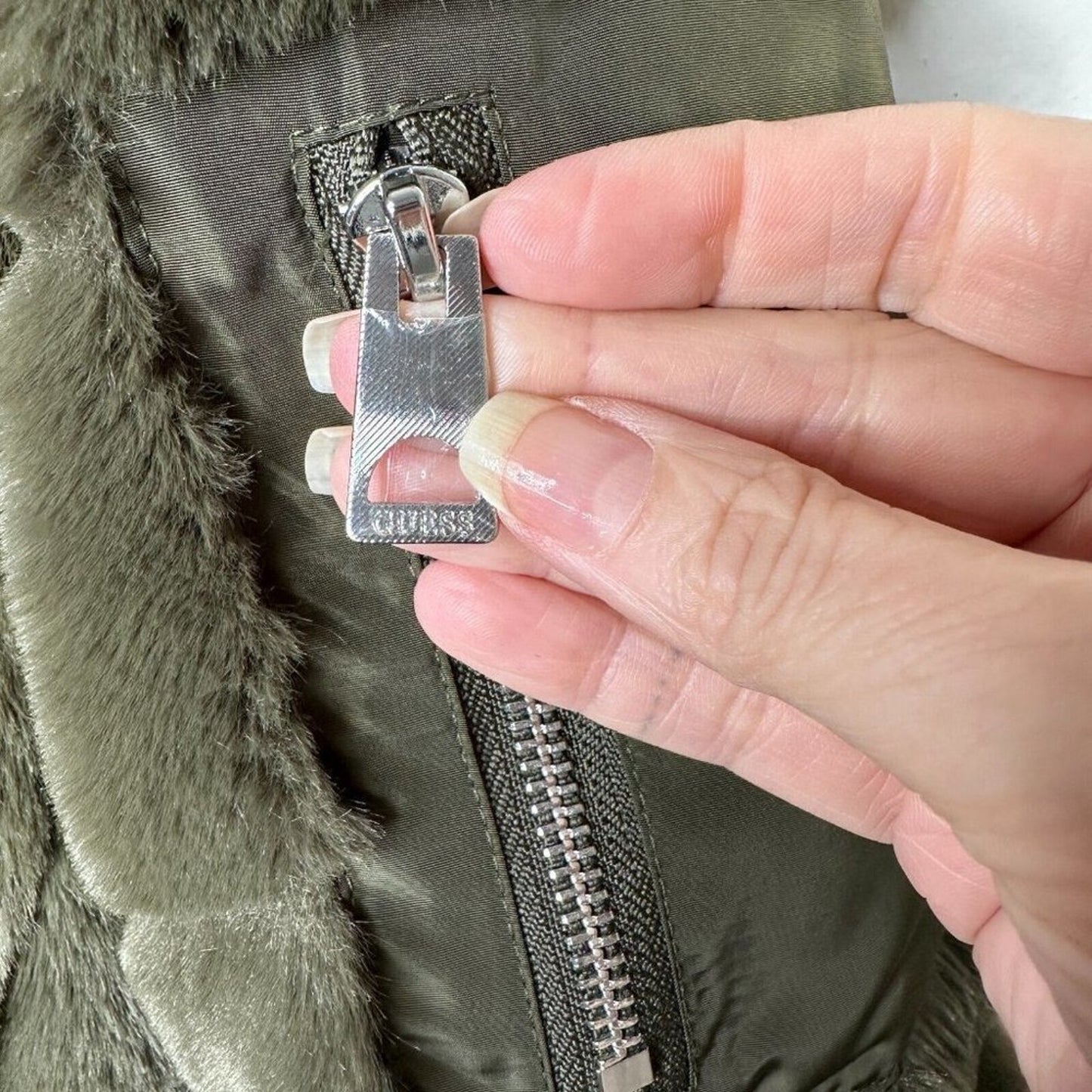NWOT Guess Felicia Super Soft Olive Green Faux Fur Bomber Jacket Side Pockets XS