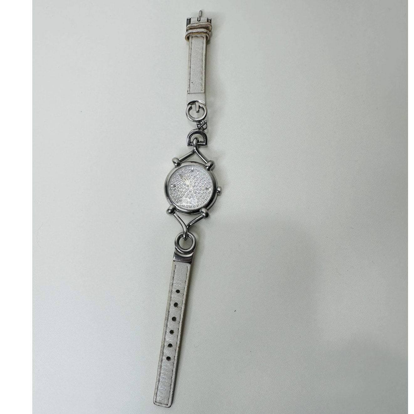 Dolce & Gabbana Ladies Silver Flock Diamante Quartz Watch White Band