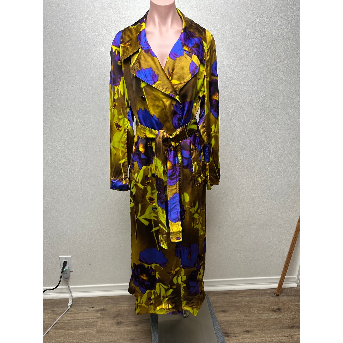 Dries Van Noten floral satin trench coat yellow women US 8 double-breasted