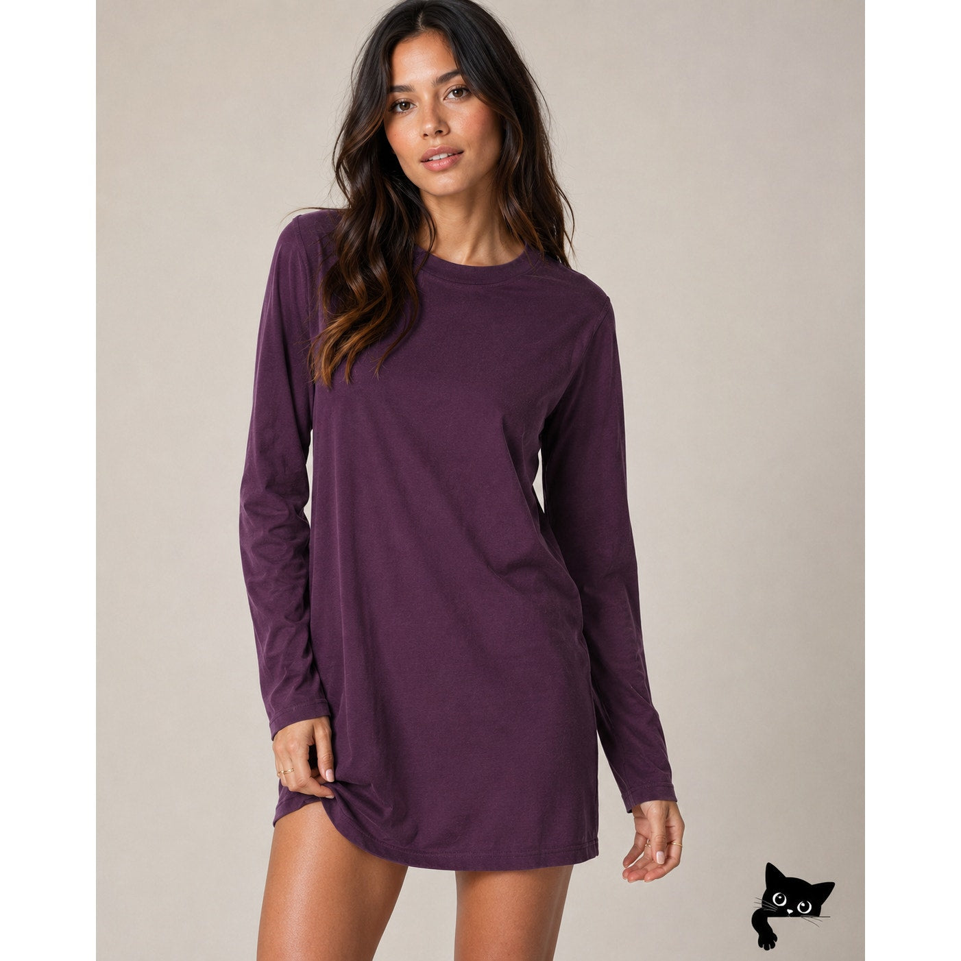 Cotton Citizen Tokyo Eggplant Crew Neck Long Sleeve Cotton Mini Shirt Dress S