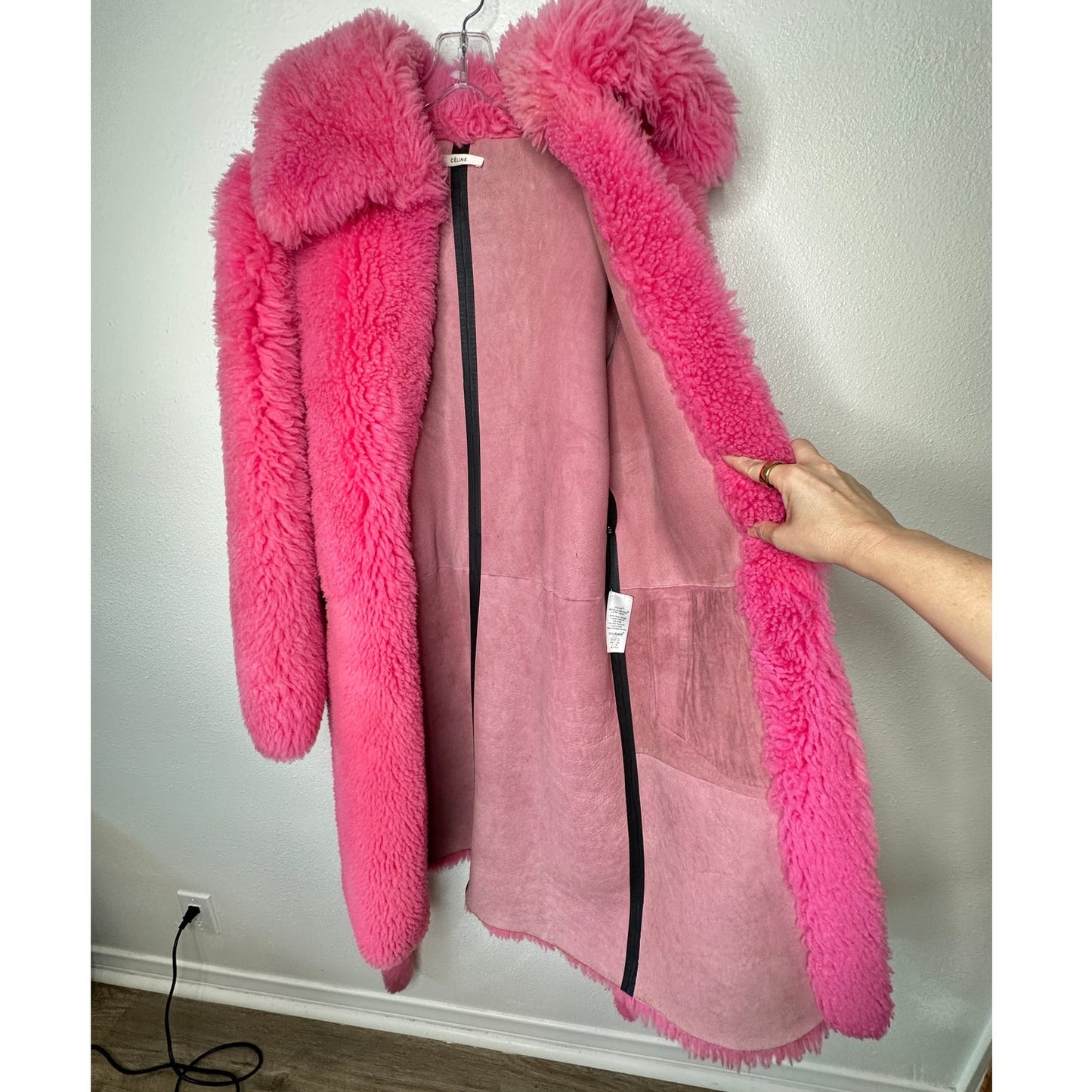 Celine Pink Shearling Belted Longline Coat Women’s Size 8