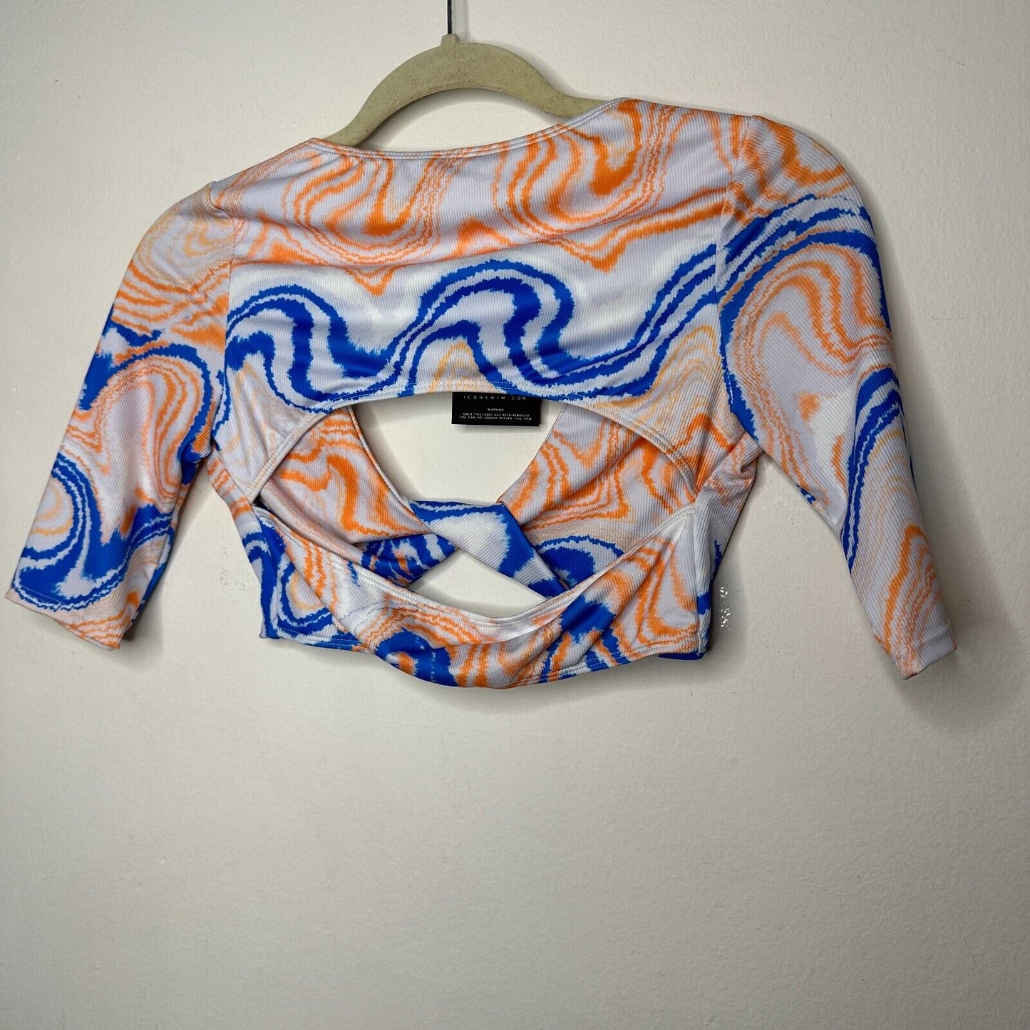 NWT Icon Swim White Blue Orange Sunset Dive Wave Print Twist Front Crop Top Small