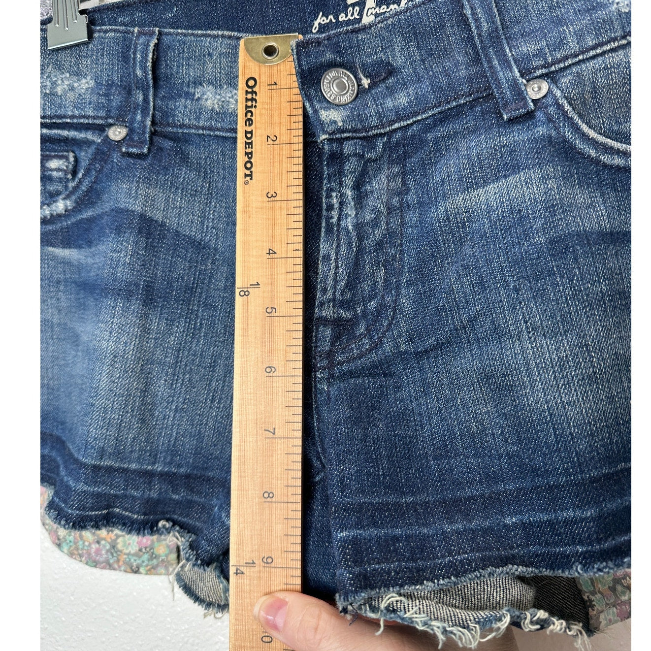 7 For All Mankind Dark Blue Distressed Low Rise Raw Hem Jean Shorts 29