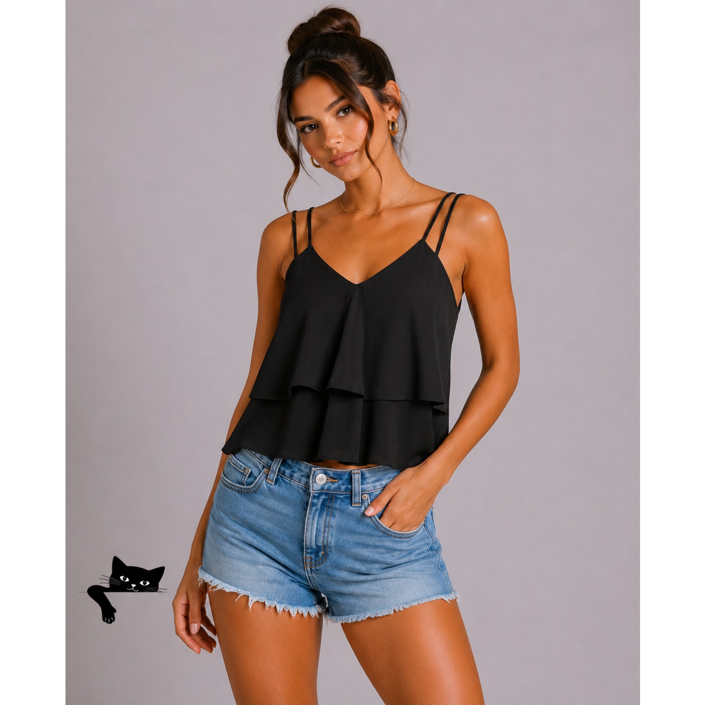 Love Riche Sexy Strappy Jet Black Tiered Flowy Layer Vneck Cami Top Blouse S