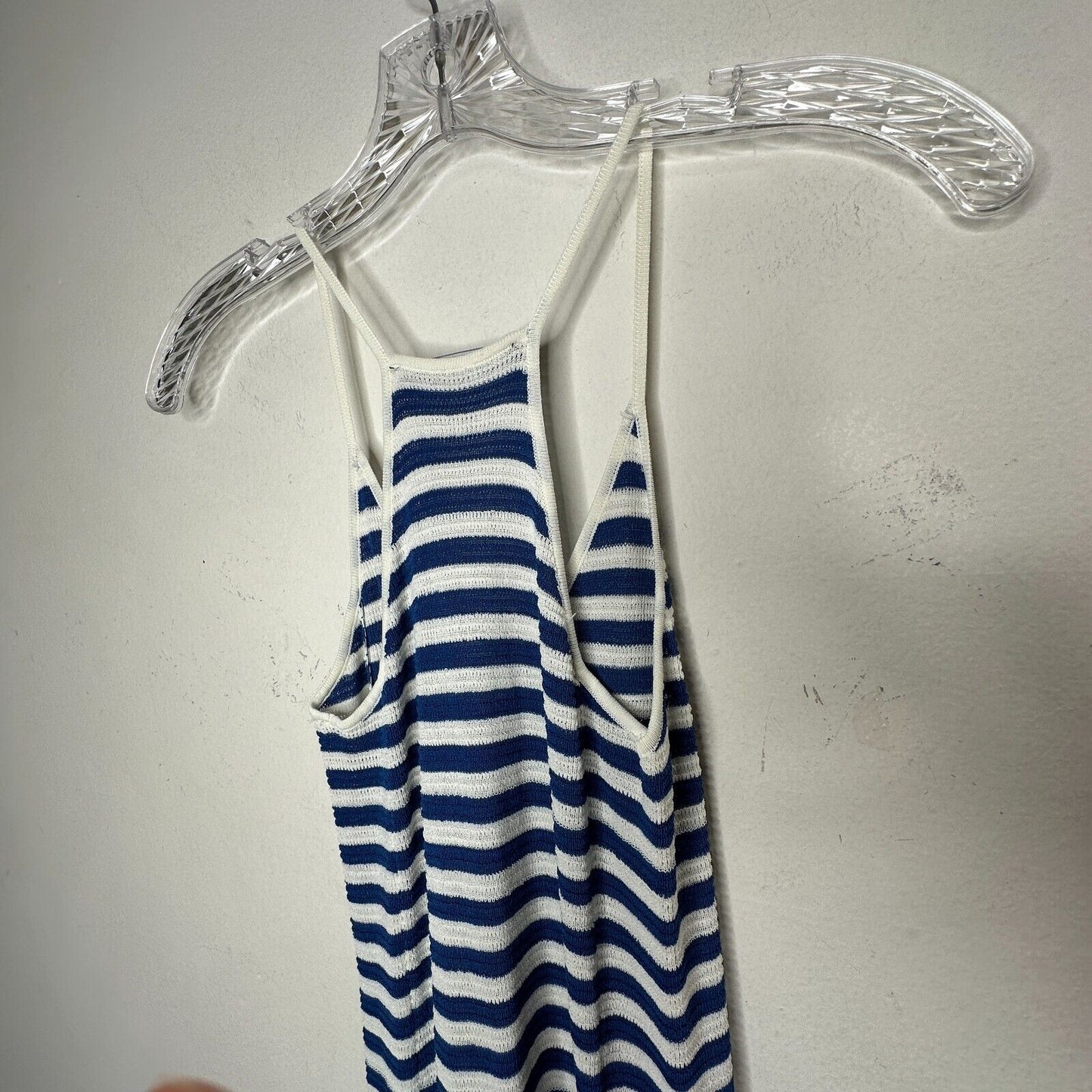 MNG White & Blue Striped Fine Knit V-Neck Thin Straps Maxi Stretch Dress XXS