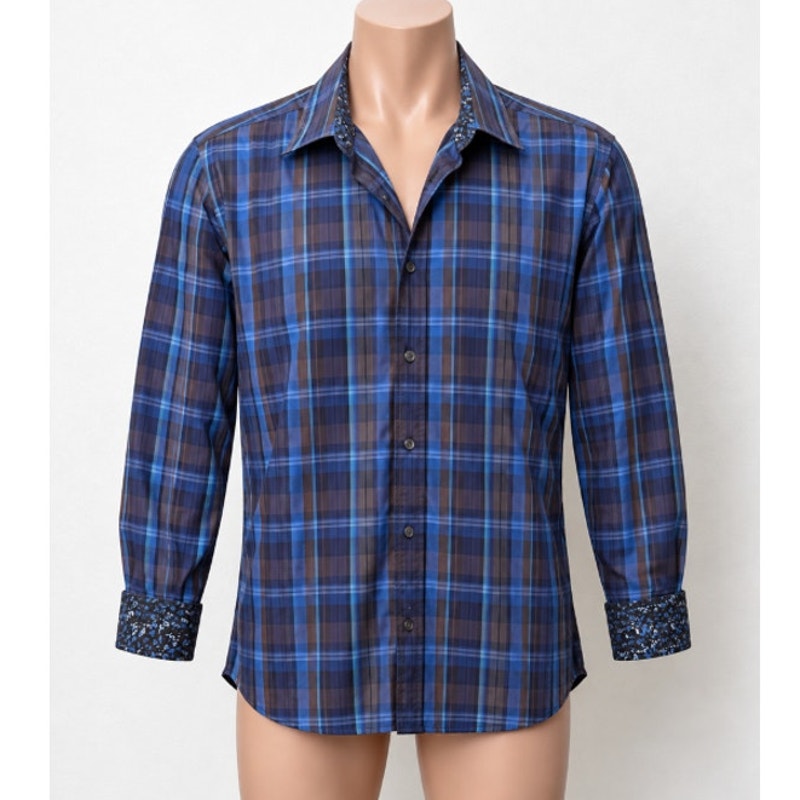Bugatchi Plaid Button Front Shirt Blue Brown Gray Men’s L