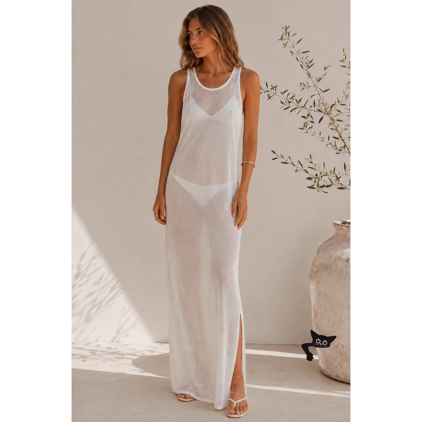 Mikoh Swimwear Maverick Sheer White High Neck Maxi Tank Dress