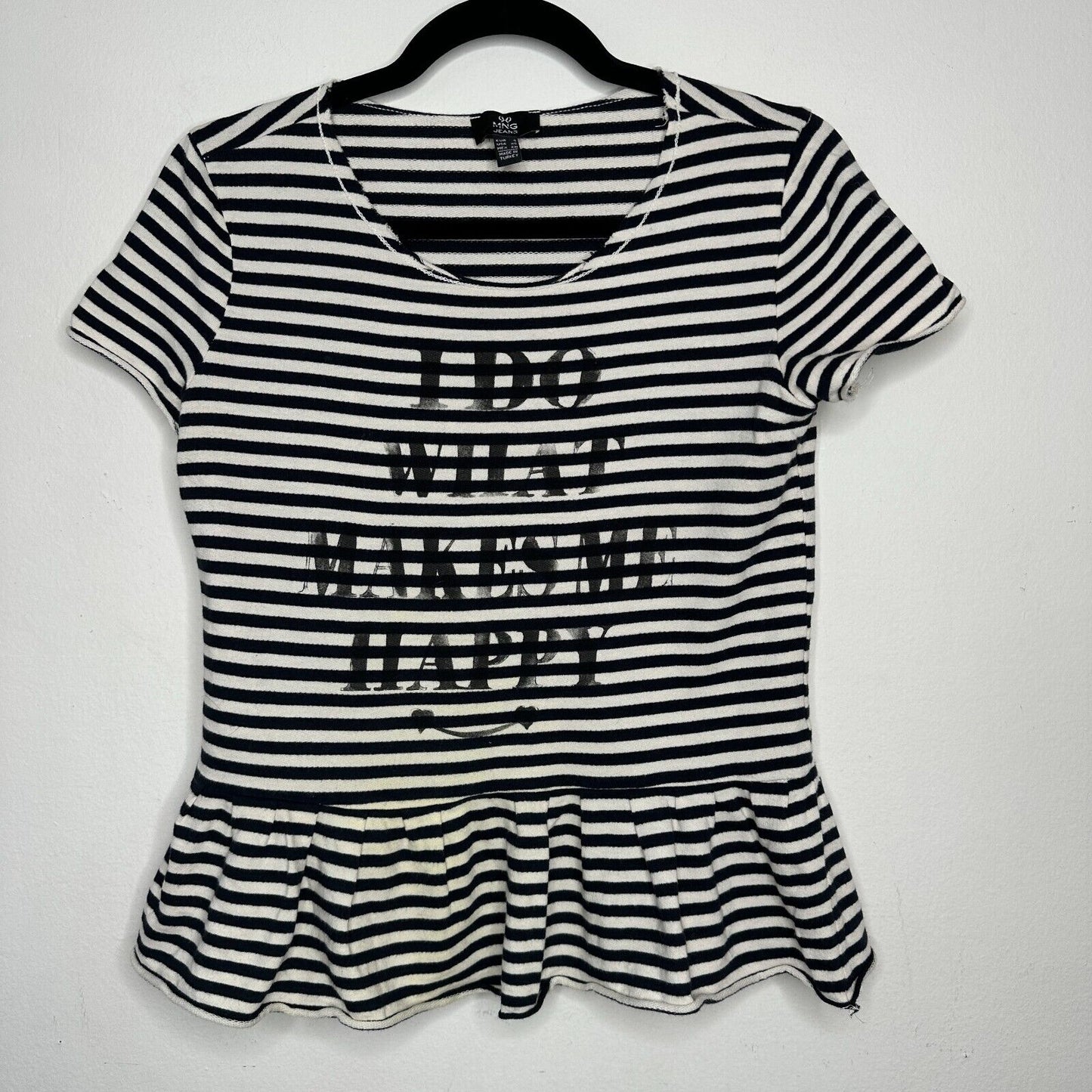 MNG Mango Black White Stripe I Do What Makes Me Happy Short Sleeve Ruffle Tee SM