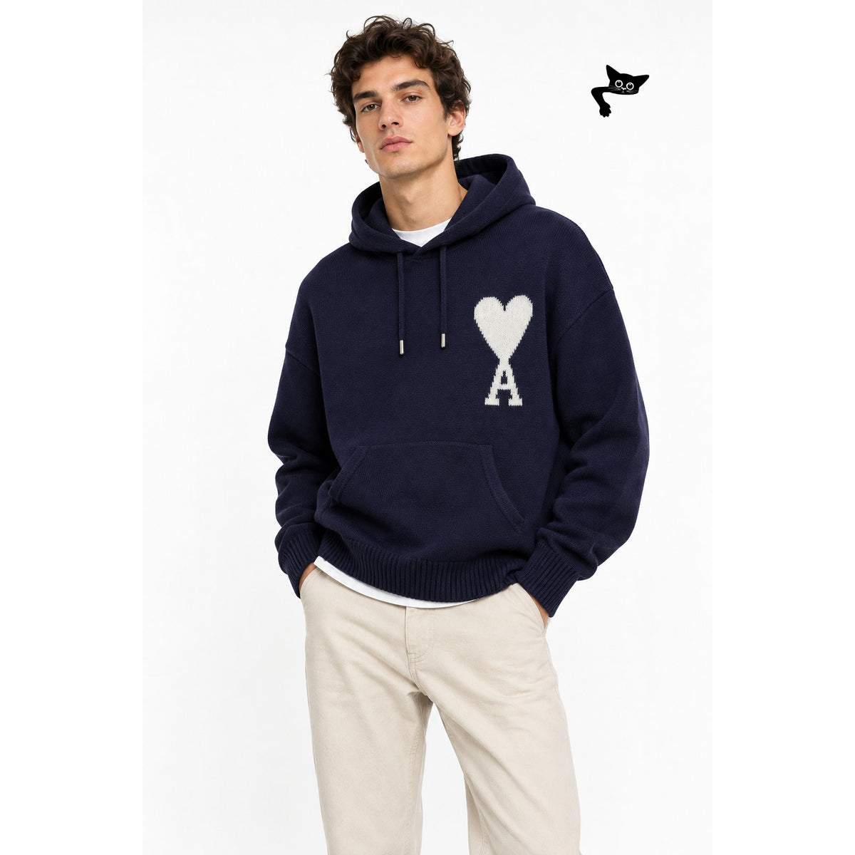 AMI Paris Ami de Coeur Heart Logo Navy Wool Knit Hoodie Men's US L