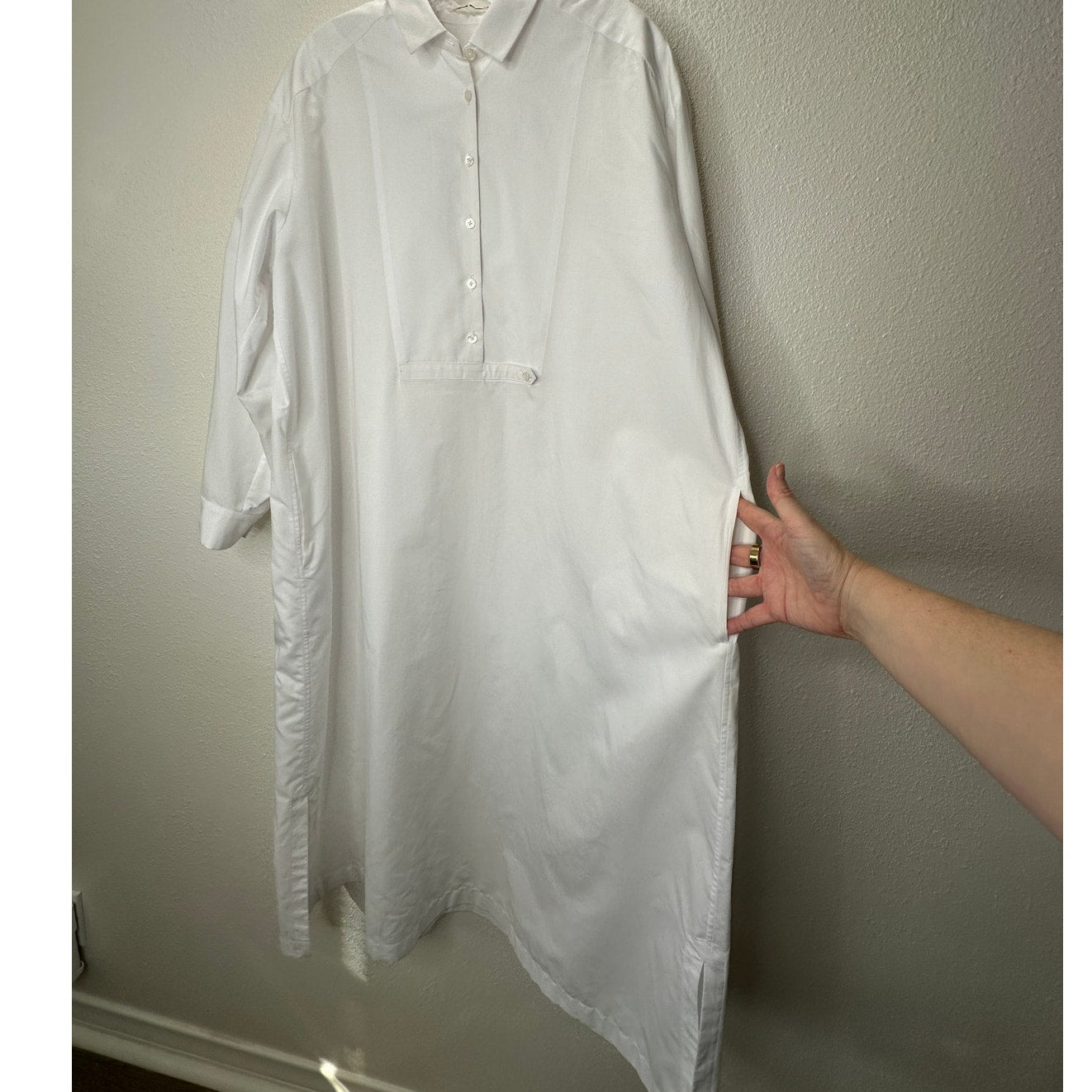 Mina Perhonen Siipi Cotton Silk White 3/4 Button Long Sleeve Shirt Dress 38 / Small