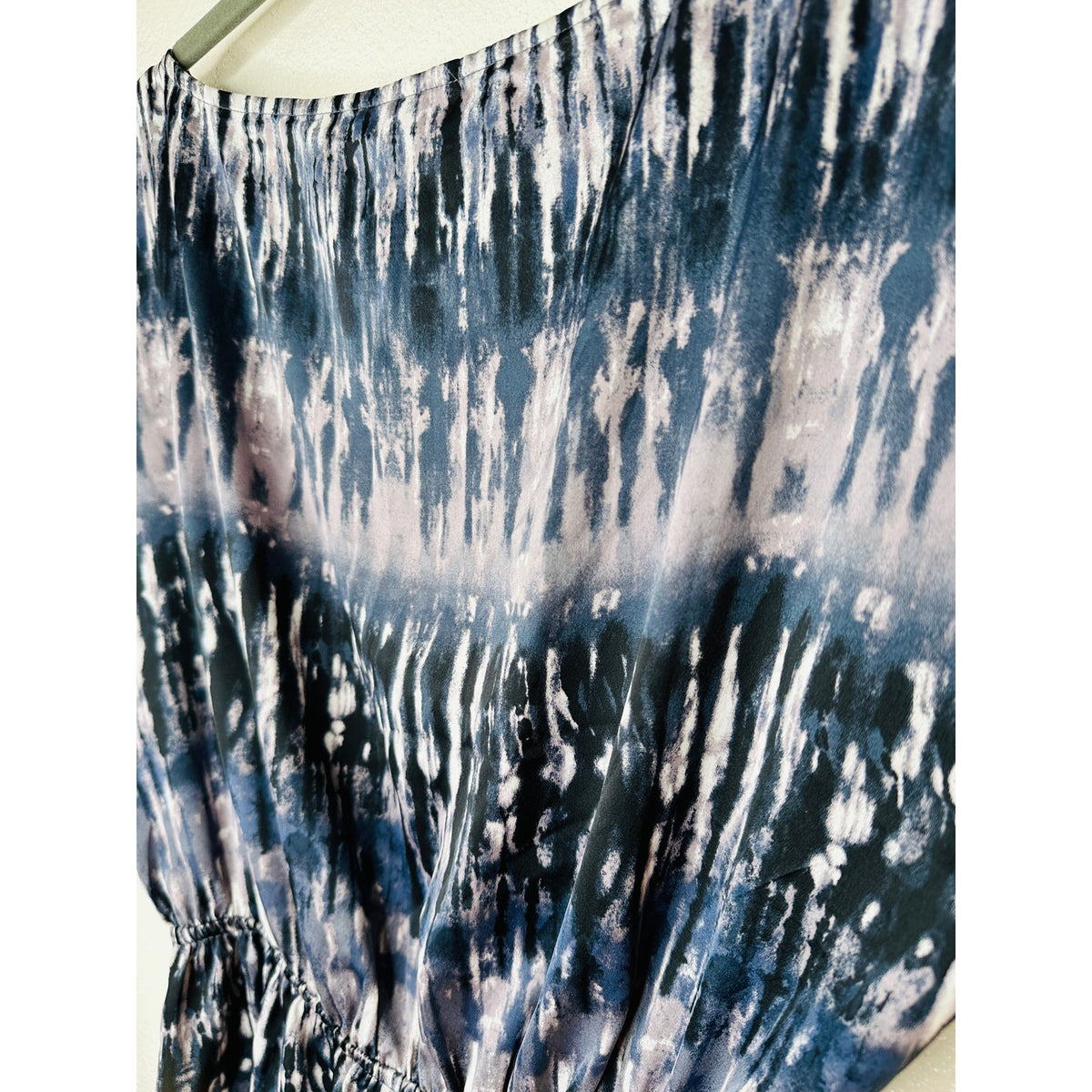 Envy Muted Steel Blue White Black Tie Dye Print Boat Neck Cinched Waist Dress M