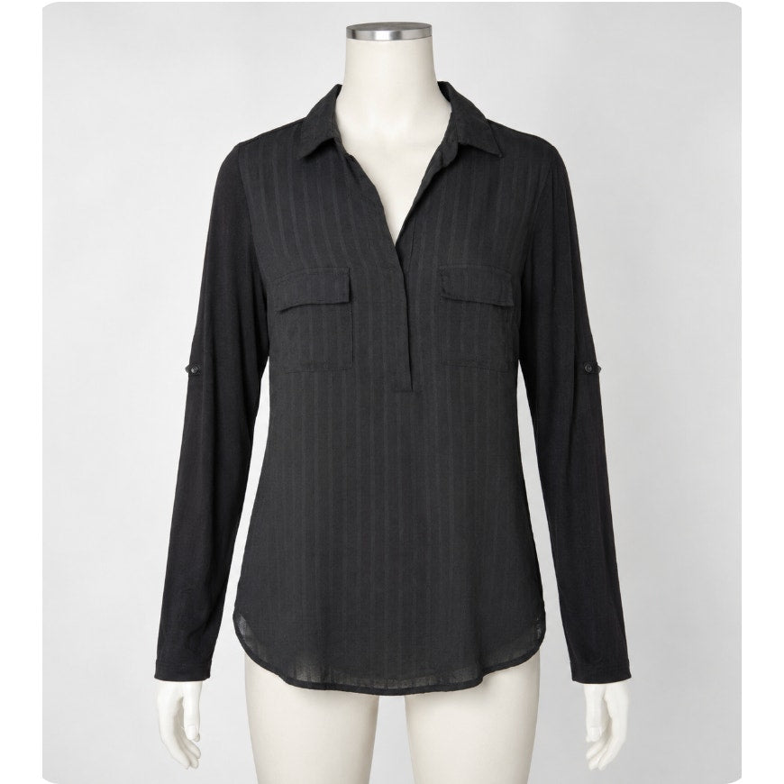 Skies Are Blue Black Stripe Stretch Front Pockets Long Sleeve Collar Blouse XS