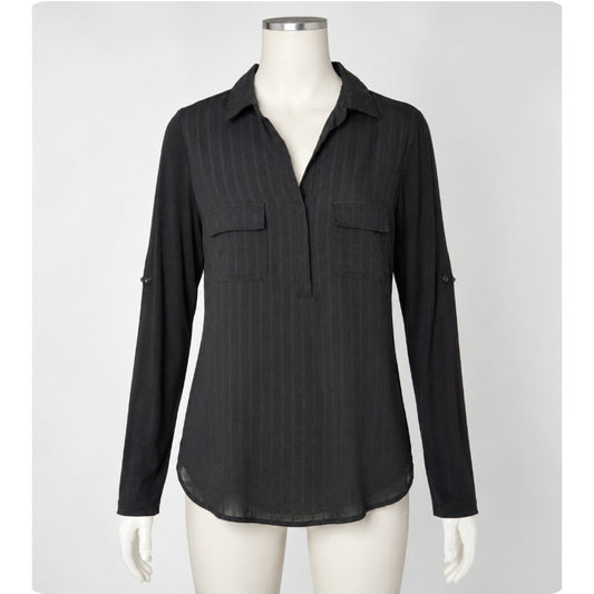 Skies Are Blue Black Stripe Stretch Front Pockets Long Sleeve Collar Blouse XS