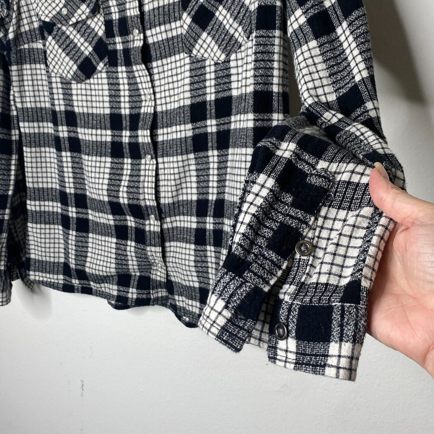 Lovestitch Long Sleeve Pocketed Black White Plaid Button Up Flannel Shirt S