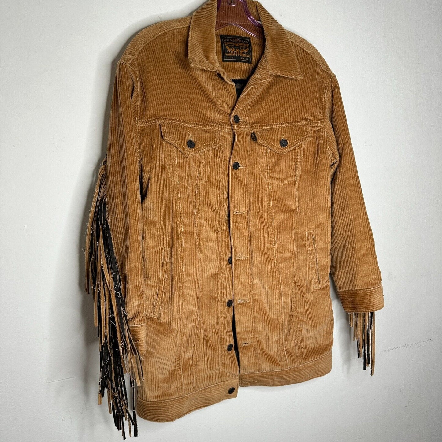 NWT Levis Karla Camel Tan Fringed Corduroy Long Trucker Button-Front Jacket XS
