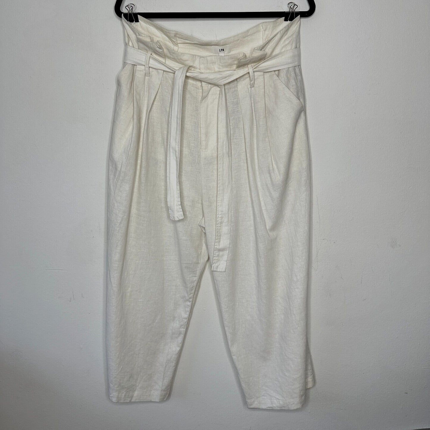 LPA Off White Linen Wide Leg Paperbag High Waist Self Tie Pleated Trousers L