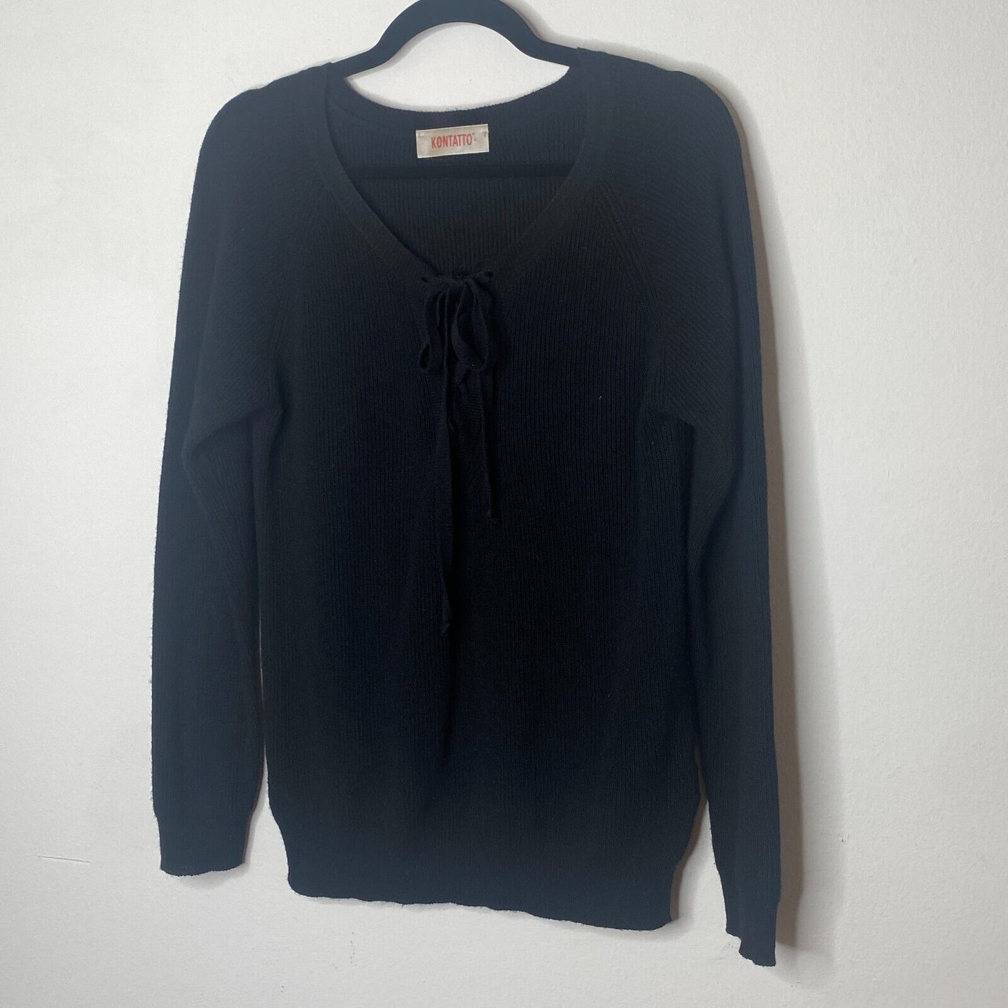 Kontatto Black Long Sleeve Front Tie Lace up V-Neck Long Sleeve Sweater Jumper S