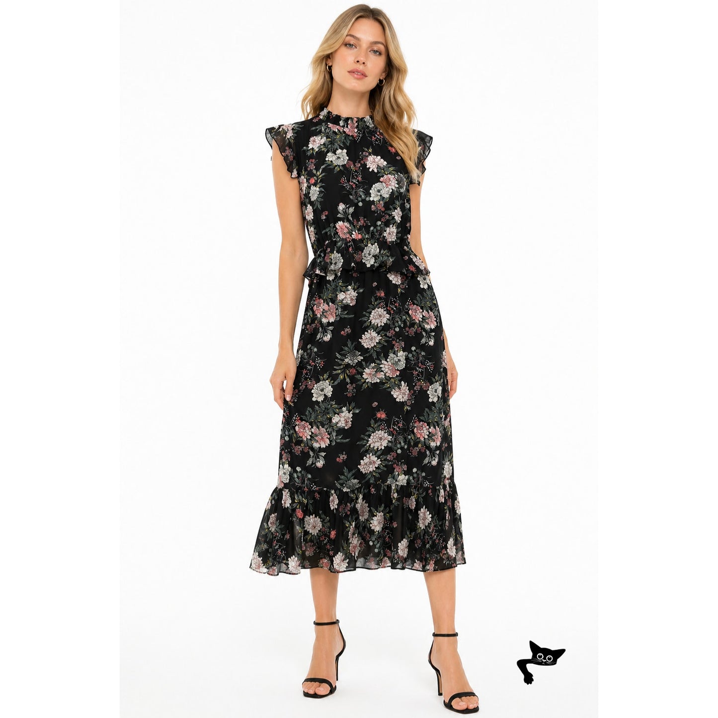 Laissez Faire Floral Midi Dress Smocked Neck Ruffle Sleeveless Size S