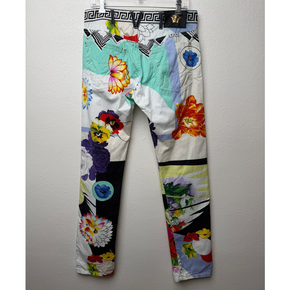 Versace Multicolor Floral Medusa Greek Key Print Cotton Jeans Men's US 34