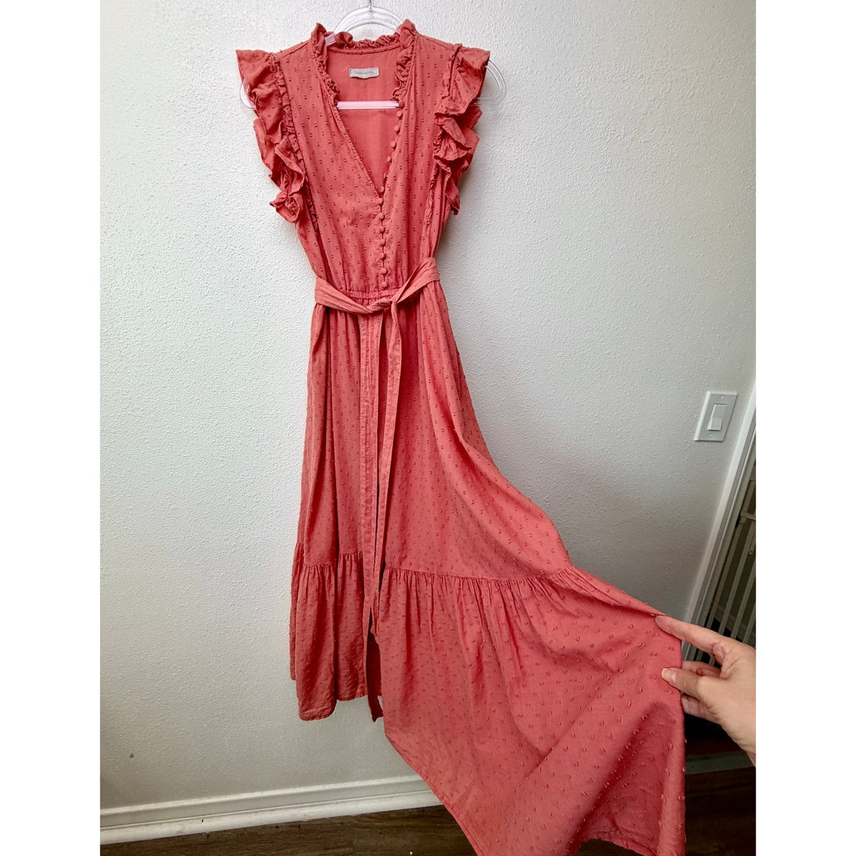 Outerknown Canyon Ruffle Maxi Dress Coral Swiss Dot Cotton Women's US XS