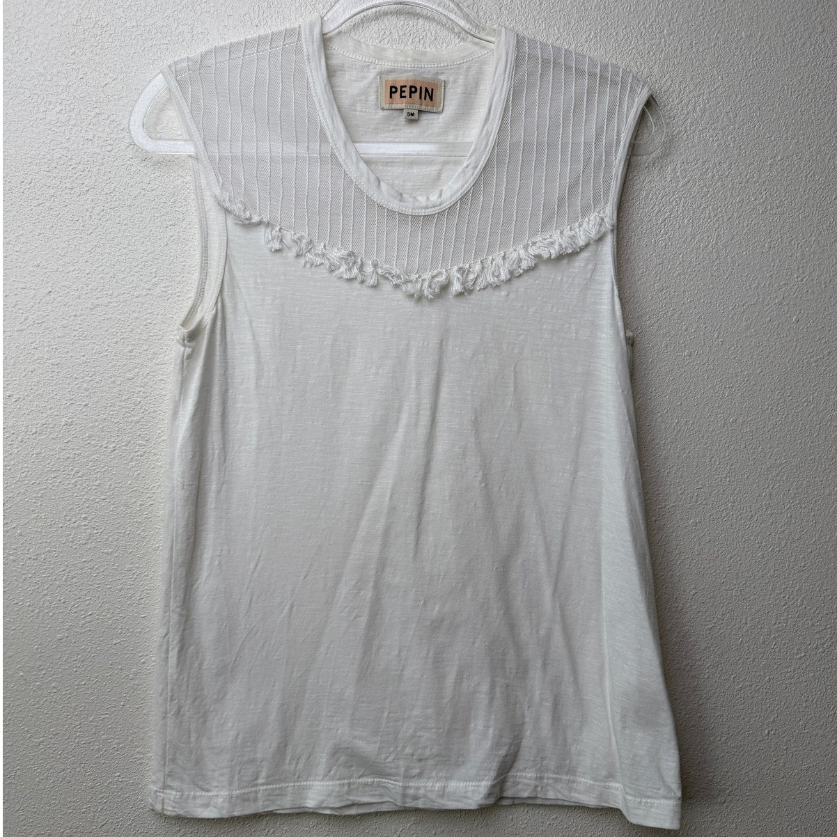 Pepin White Sheer Mesh Tassel Sleeveless Top Scoop Neck Linen Blend