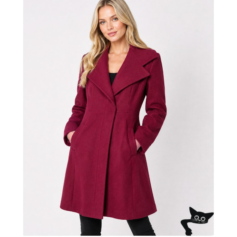 Mossimo Burgundy Red Wool Fitted Long Line Front two Button Coat Welt Pockets XS