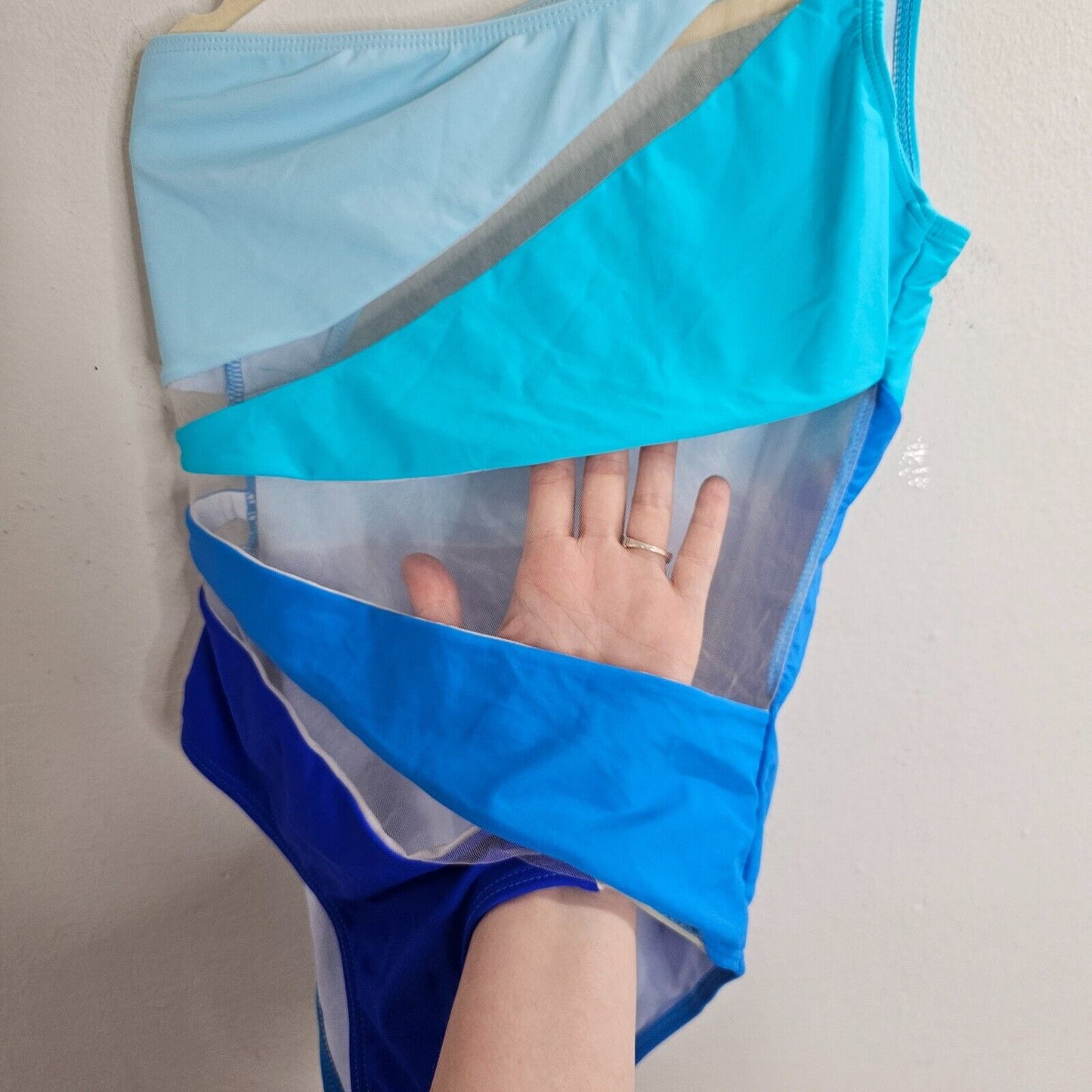 Blue & Teal Color Block Sheer Design One Shoulder Swim Suit One Piece Small