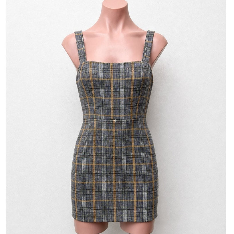 Cute Gold Gray White Black Plaid Sleeveless Knit Jumper Overall Mini Dress Med