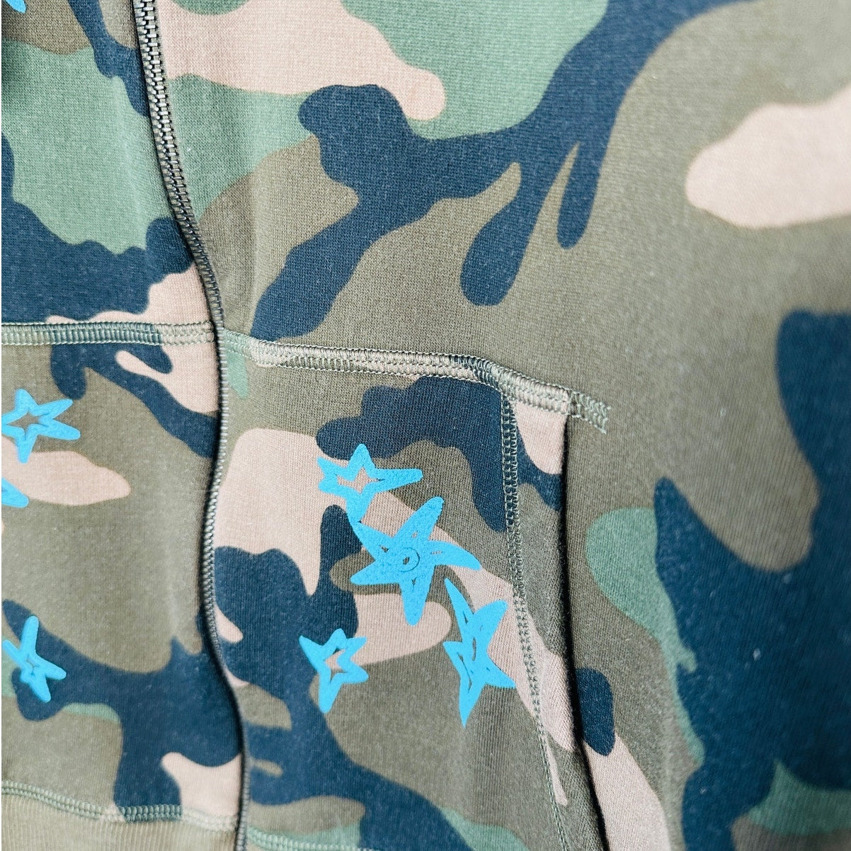 Valentino Army Green Black Tan Camo Print Bright Blue Stars Front Zip Hoodie S