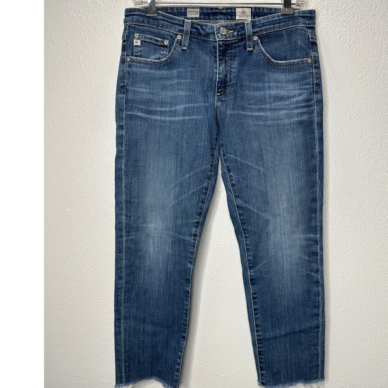 AG Medium Wash Whiskered Raw Hem Stilt Crop Cigarette Crop Jean 29