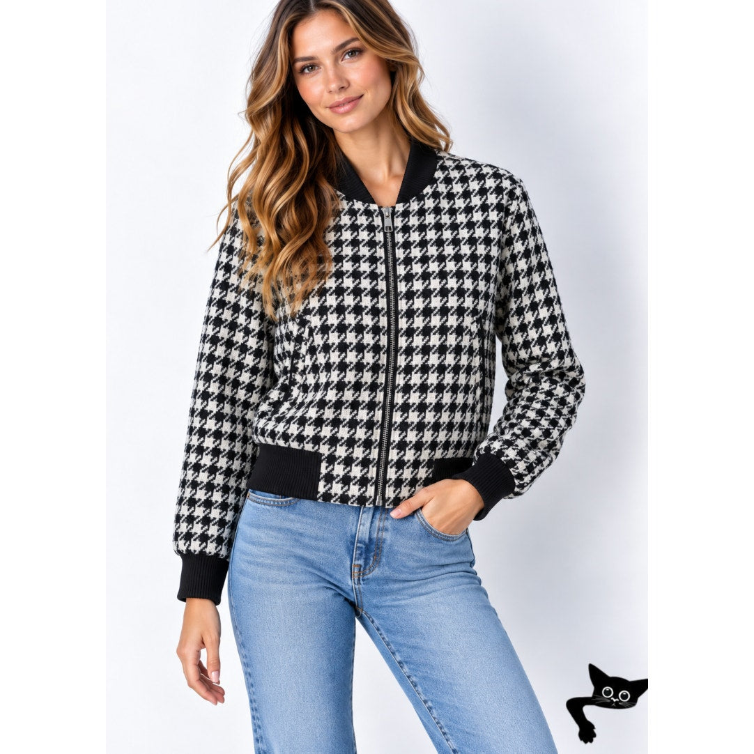 Philip Ayler White Black French Tweed Houndstooth Black Trim Zip Bomber Jacket