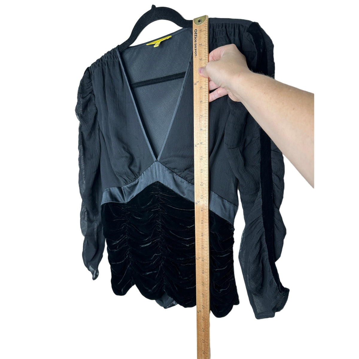 Catherine Malandrino Black Deep-V Gauze Satin Velvet Ruched 3/4 Sleeve Blouse S
