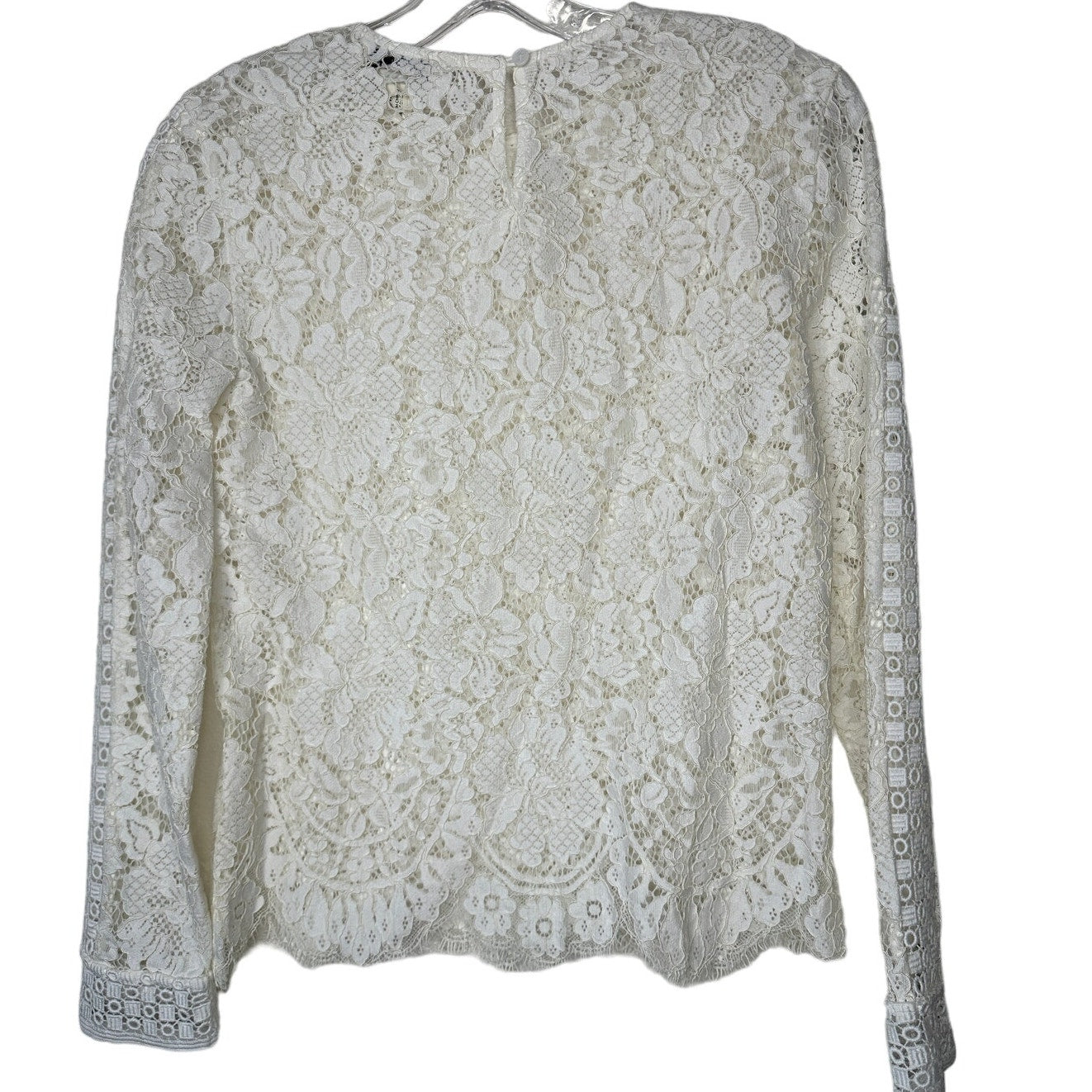 Club Monaco Ivory Floral Lace Round Neck Keyhole Back Long Sleeve Scalloped Hem Blouse XS