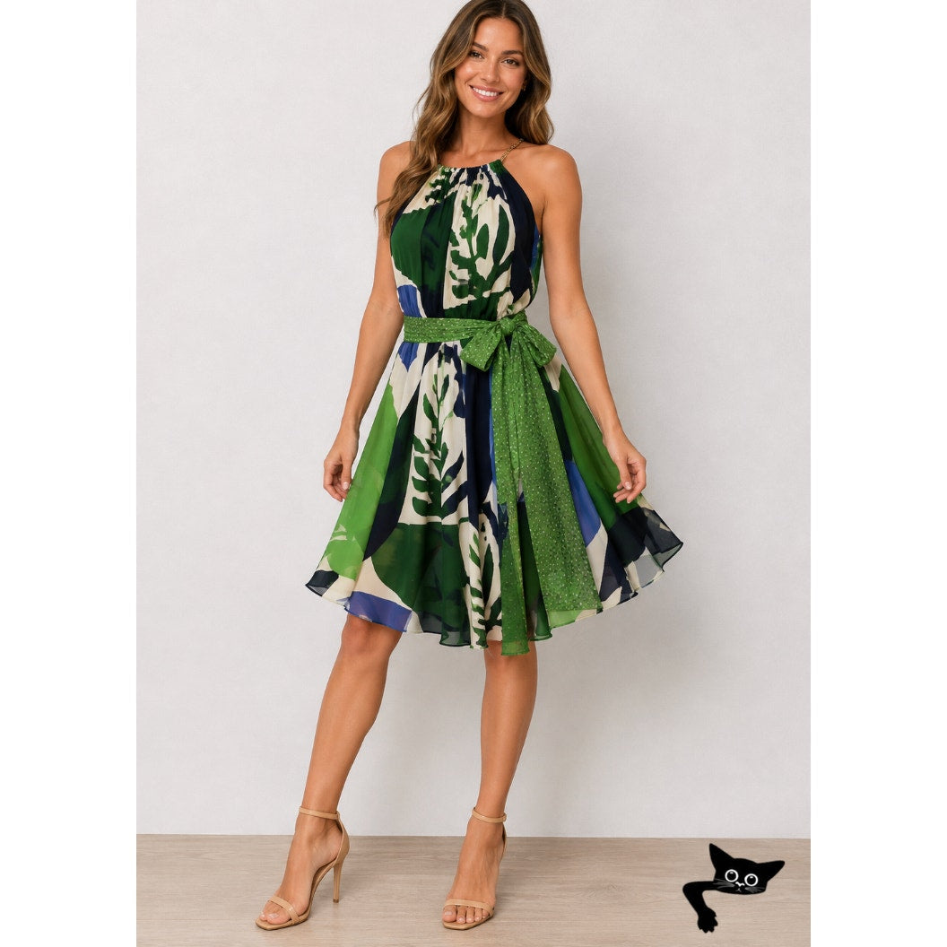 Catherine Malandrino Blue Green Cream Sleeveless Silk Tie Dress 6